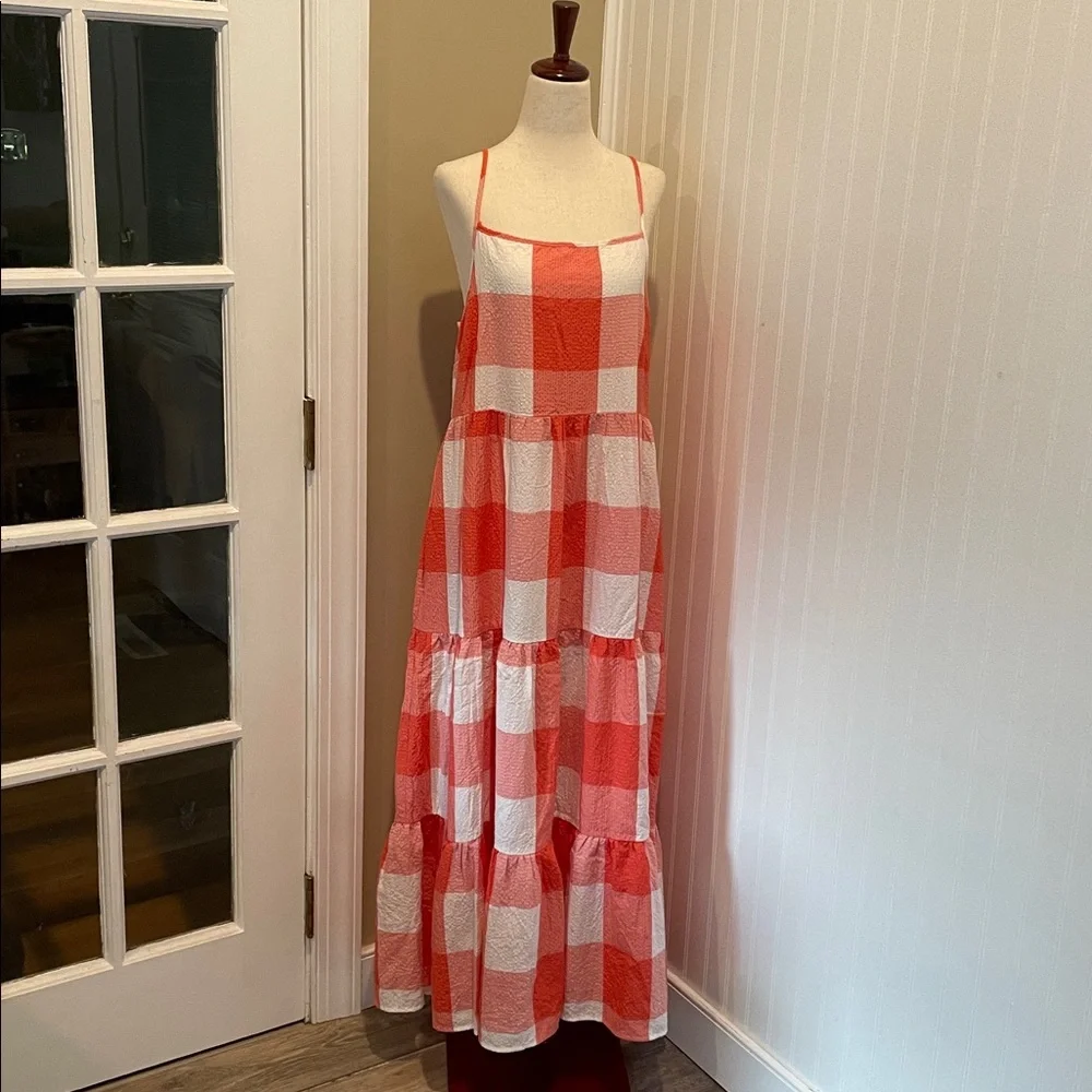 LOU & GREY Gingham Check Tiered Tank Midi Smocked Dress in Coral/White Size L