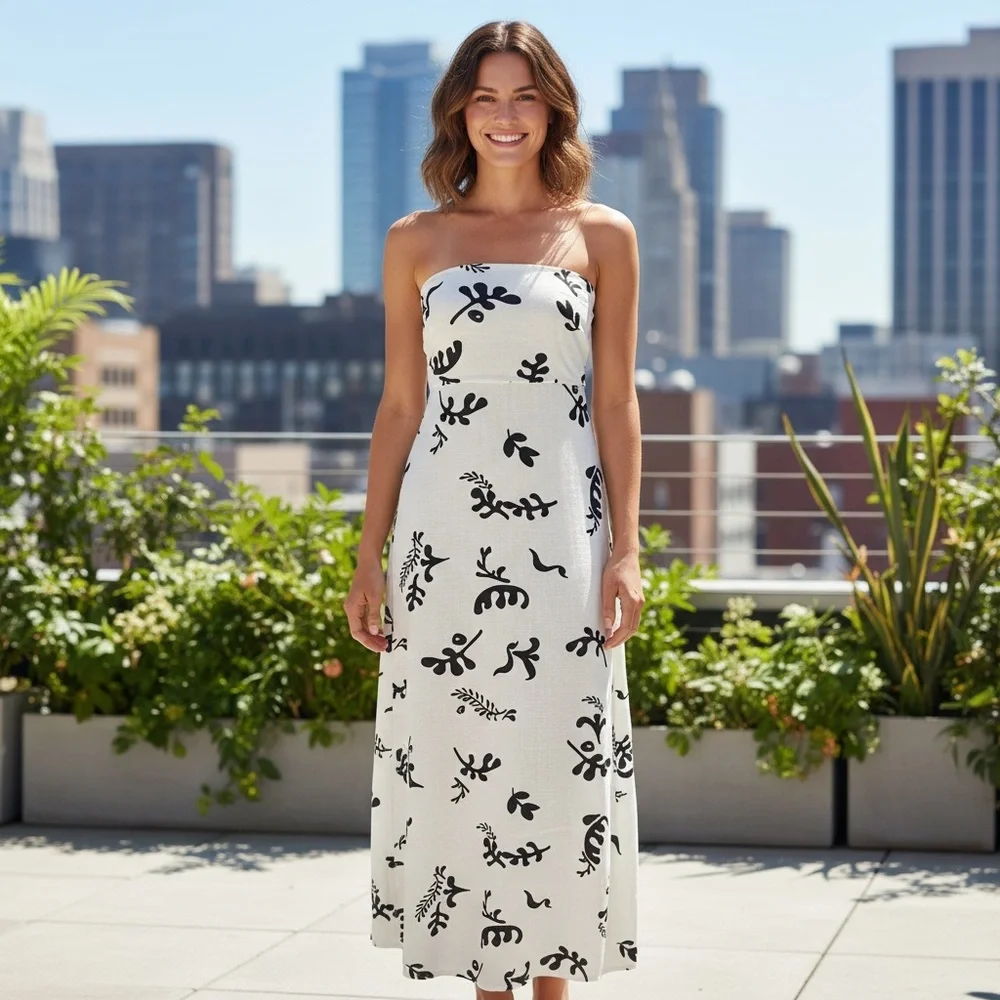 Paper Heart Linen Blend Black White‎ Leaf Print Maxi Dress Size XS