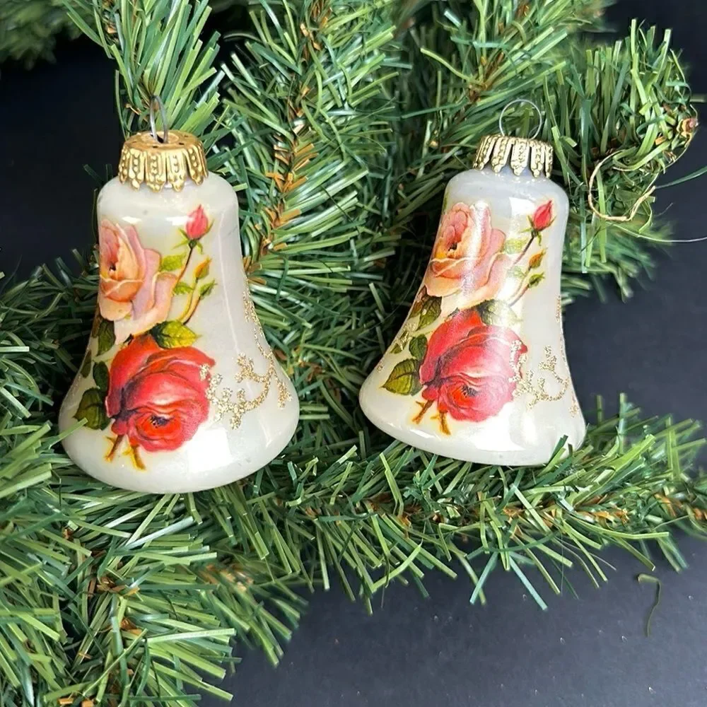 Two West Germany Christmas Bell Shaped Glass Ornaments Victorian Roses