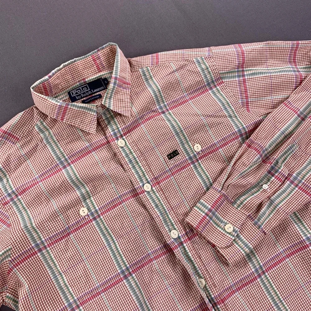 VTG Polo Ralph Lauren Shirt Men LG Pink Madras Plaid Button Down Long Sleeve 90s