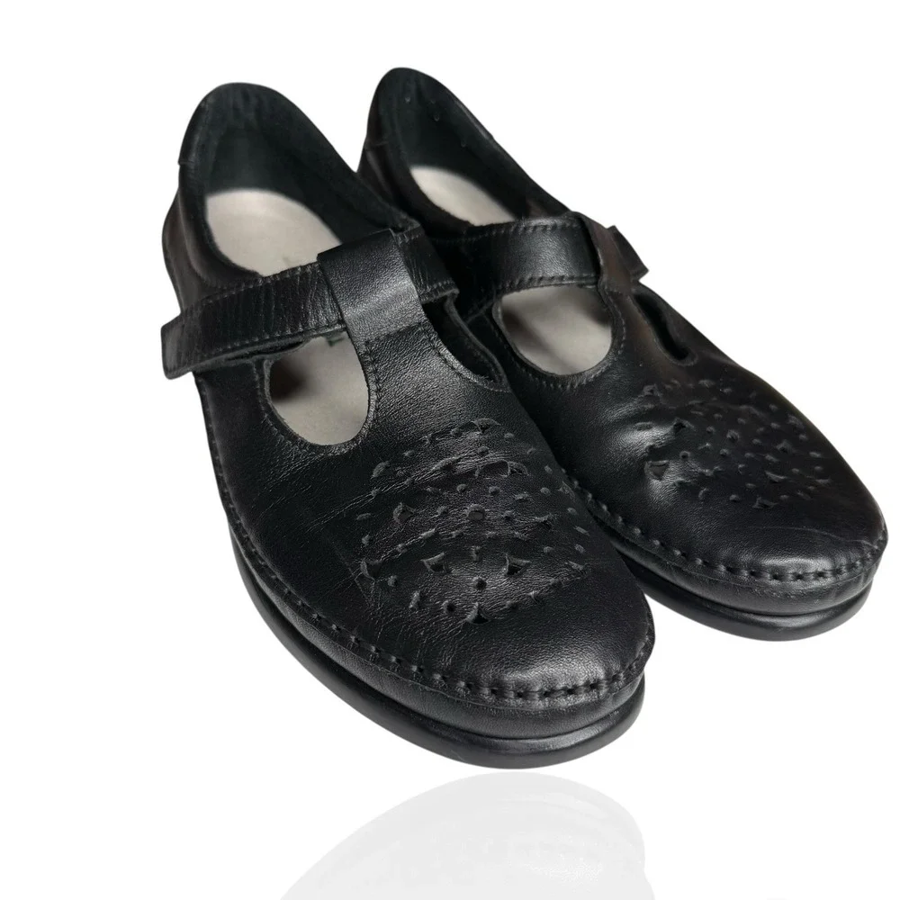 Sas 7.5 N Black Leather Willow Flats Adjustable Mary Jane T-straps‎ Casual