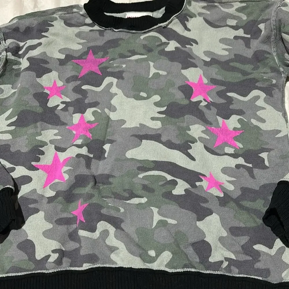 DesignHISTORY S black grey hot pink stars camo stretch top nwot cotton spandex