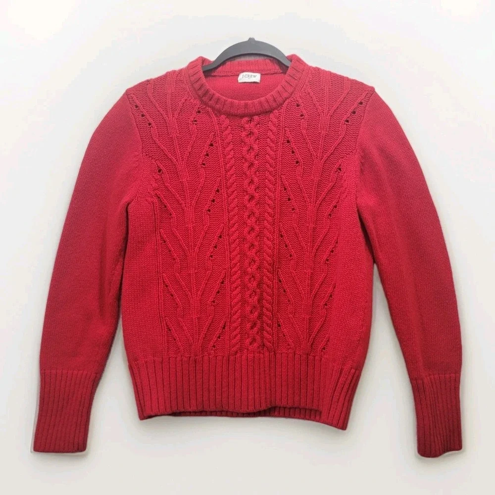 J. Crew Lambs Wool Blend Pointelle Cable Front‎ Red Sweater Women's Large