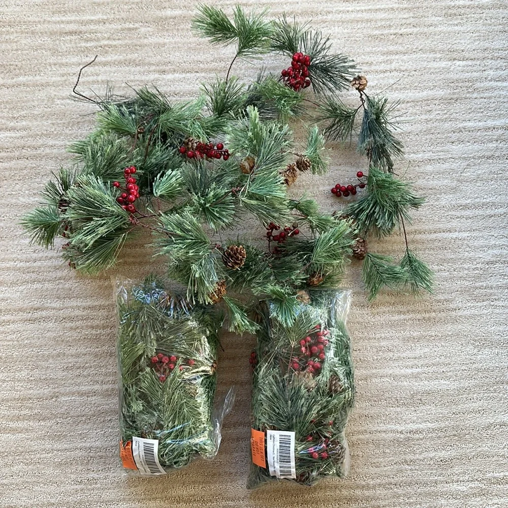 Set of 3 CraftMore Christmas Smokey Pine and Red Berry Garland 6 Feet Strands