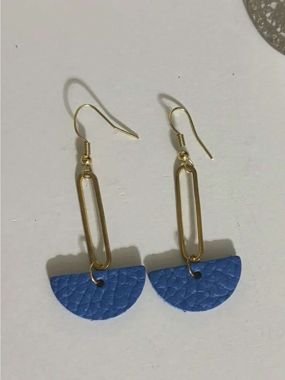 Gold Drop Earrings with Blue Leather Semicircles
