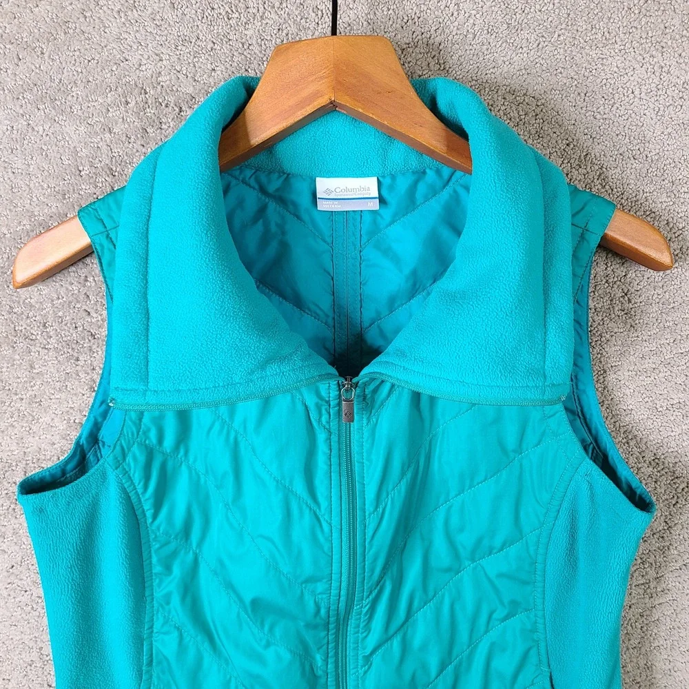 Columbia Vest Womens M Blue Fleece Trim Quilted Full Zip Puffer‎ High Neck