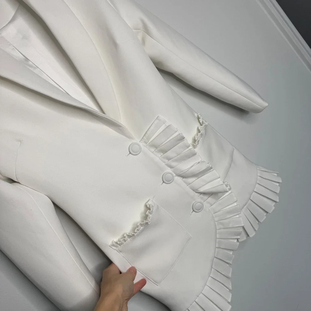 M13 White Ruffle‎ Trim Blazer Dress Shawl Collar Long Sleeve Pleated Mini Jacket