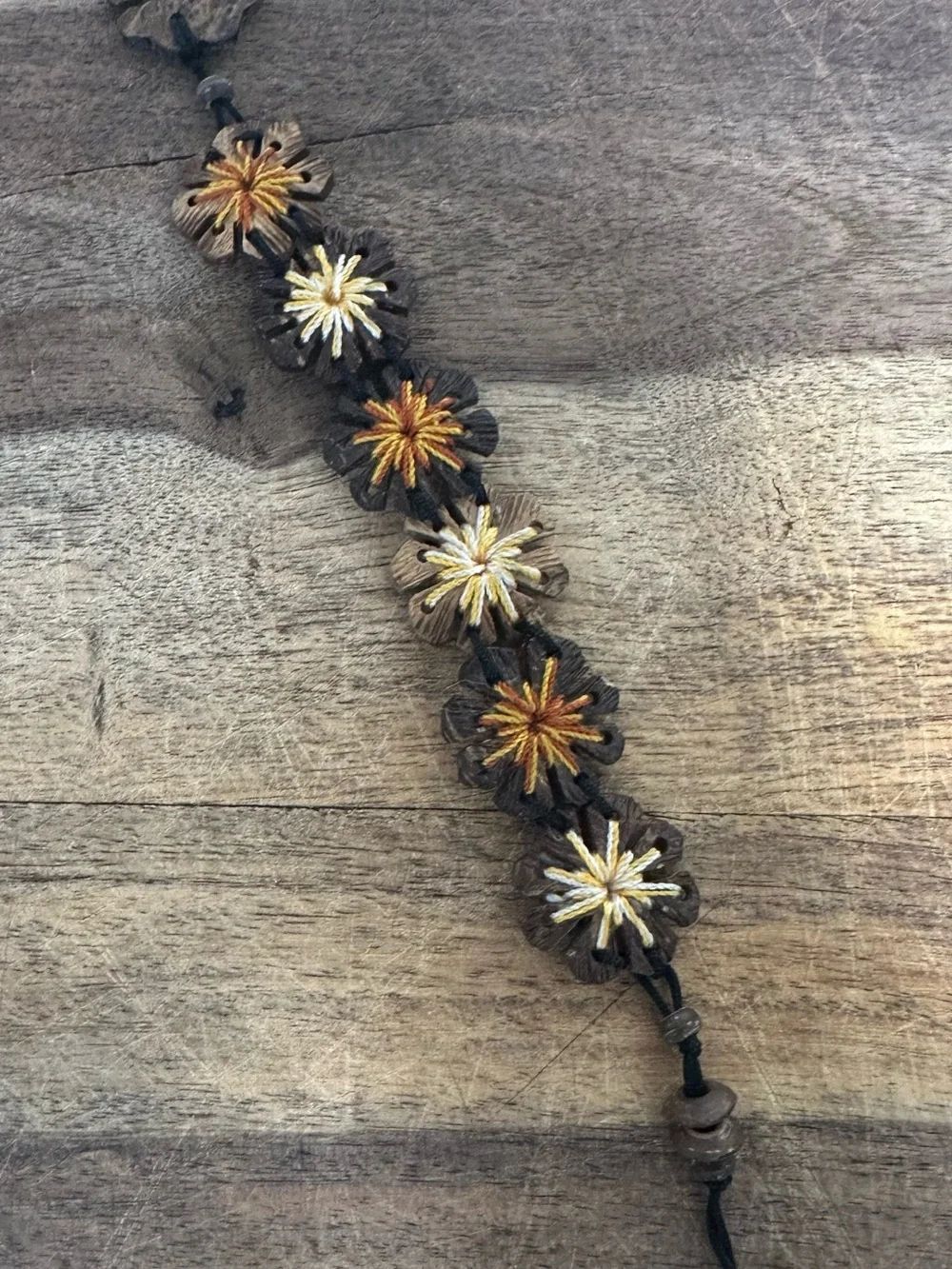 Handmade Floral Leather Bracelet in Brown with Yellow & Cream Embroidery