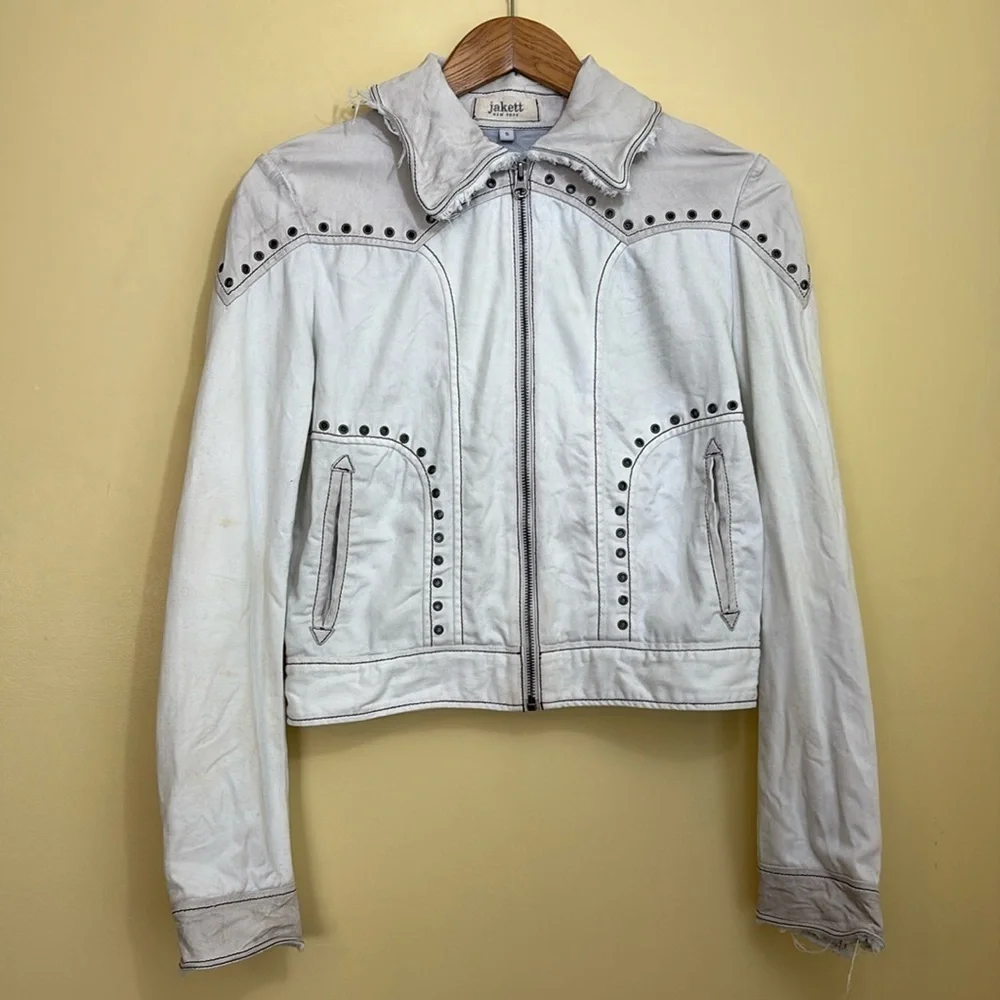 Jakket NY | Cream White Leather & Twill Riveted Studded Zip Pocket Moto Jacket S
