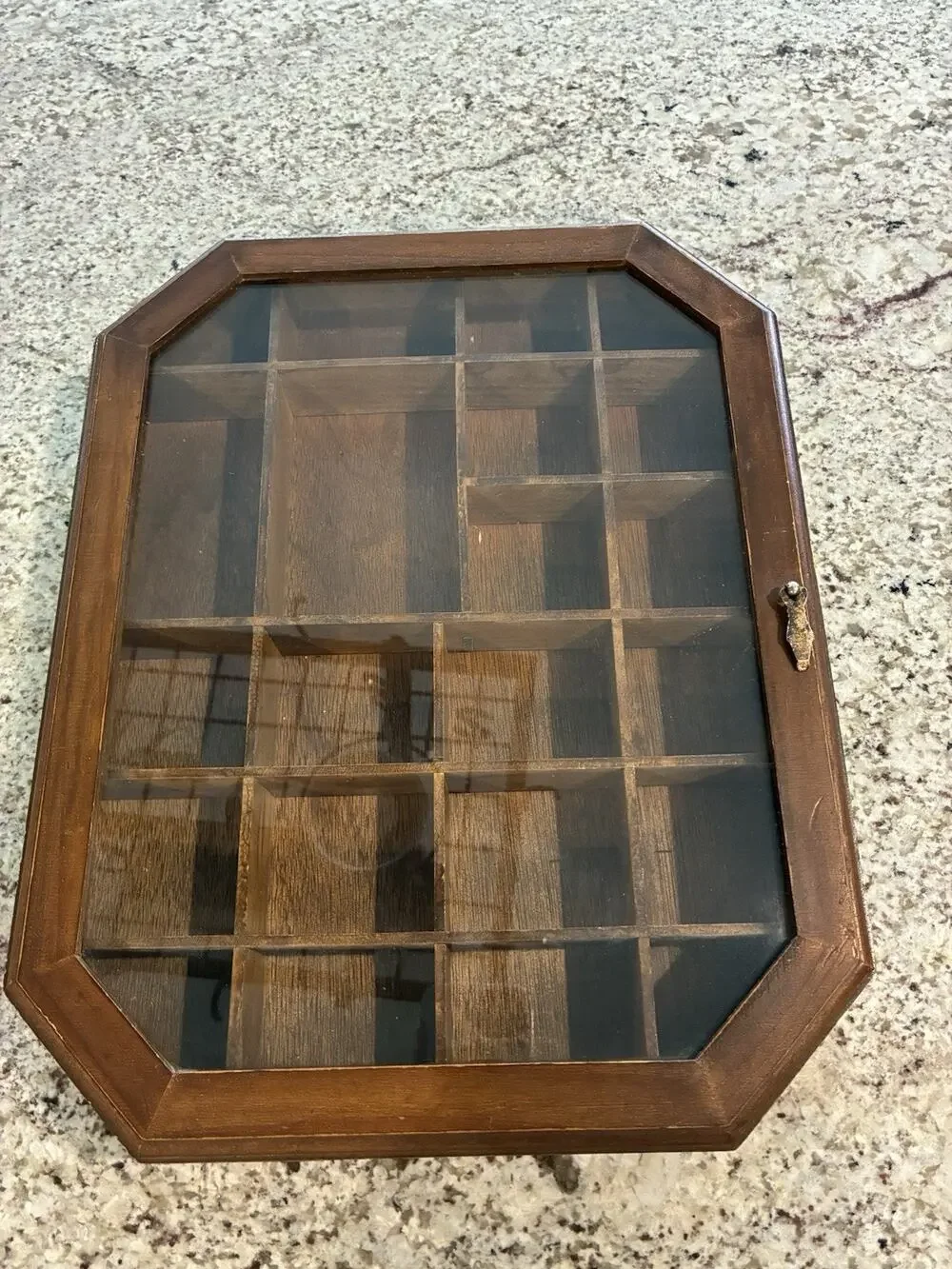 Vintage Wall Mountable Wood Octagon Shadow Box Display 22 Compartment Miniatures