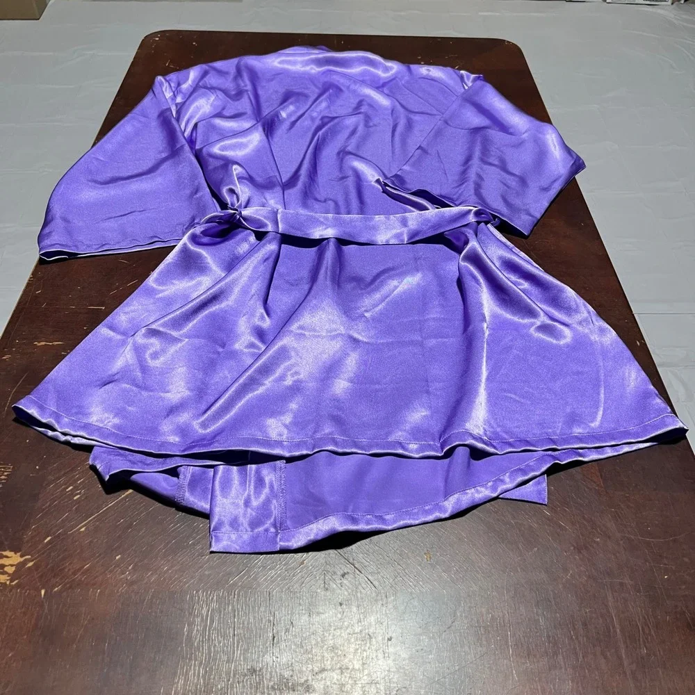 iCollection Purple Satin Kimono Robe Plus Size 1X/2X Short Tie Waist 7893X Mens