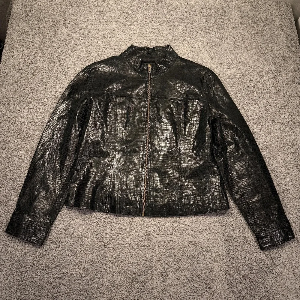 Rafaella Y2K Leather Jacket Womens 10 Black‎ Crocodile Embossed Zip Moto Biker