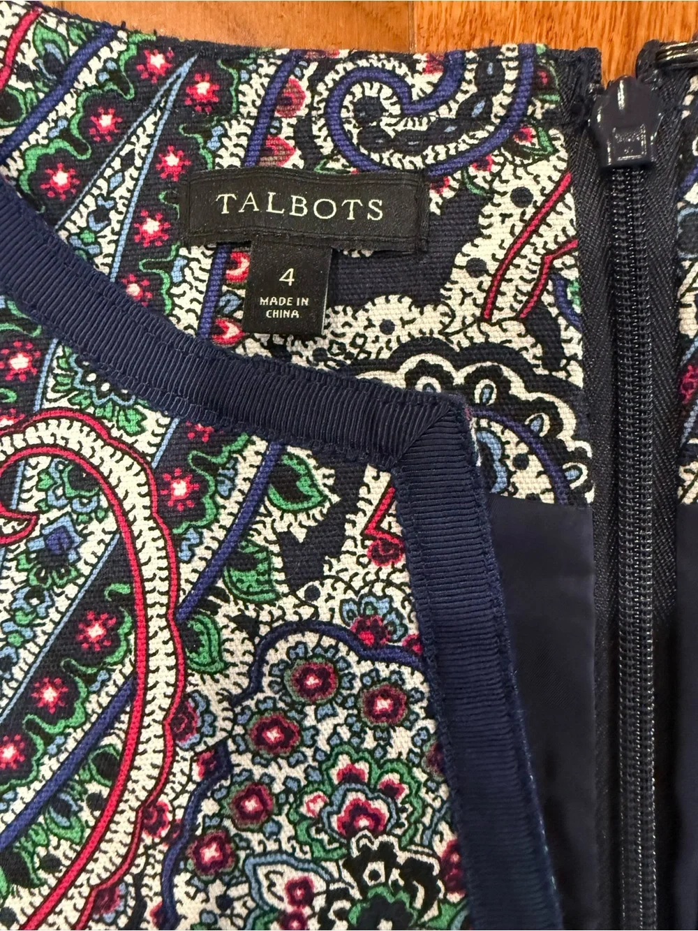 Talbots Navy Paisley Sheath Dress with Teal & Burgundy Accents