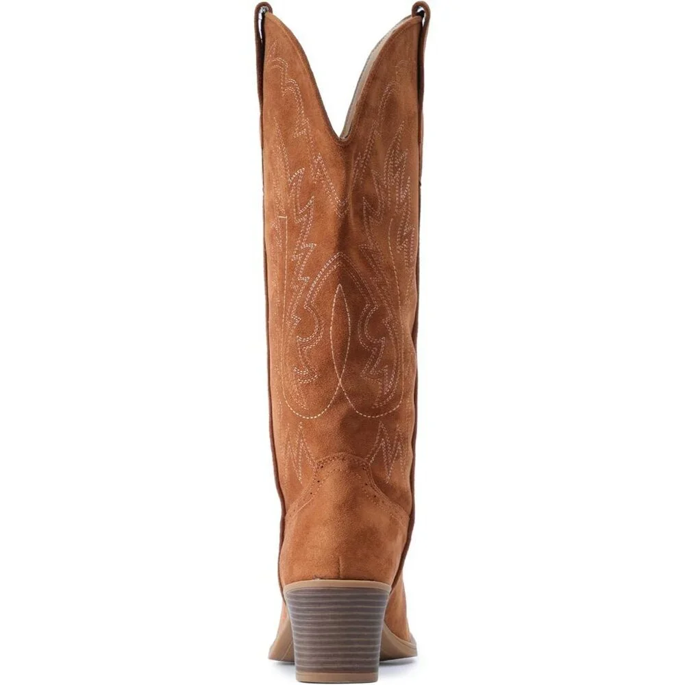 Women Brown Chunky Heel Pointed Toe Cowgirl Mid Calf Embroidery Western Boots