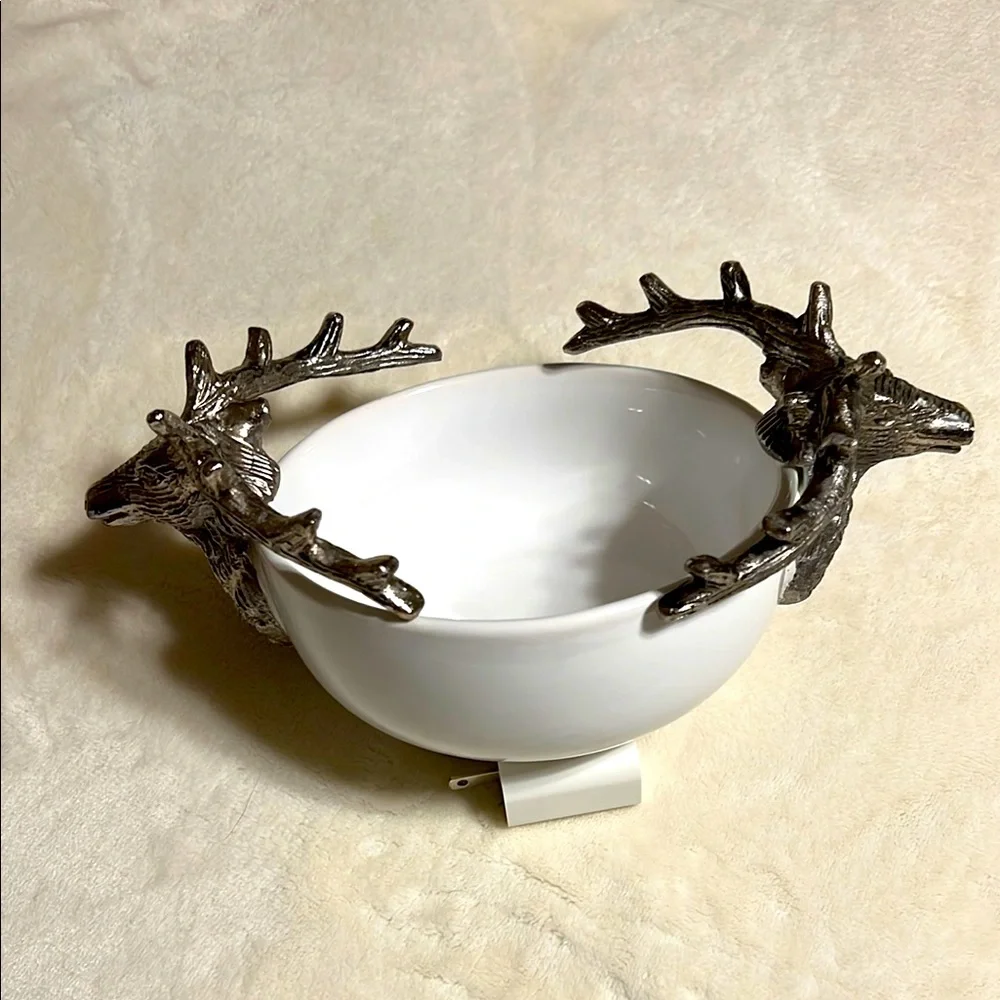 White Ceramic Bowl with Silver Deer Handles. Holiday Decor. 6.25”