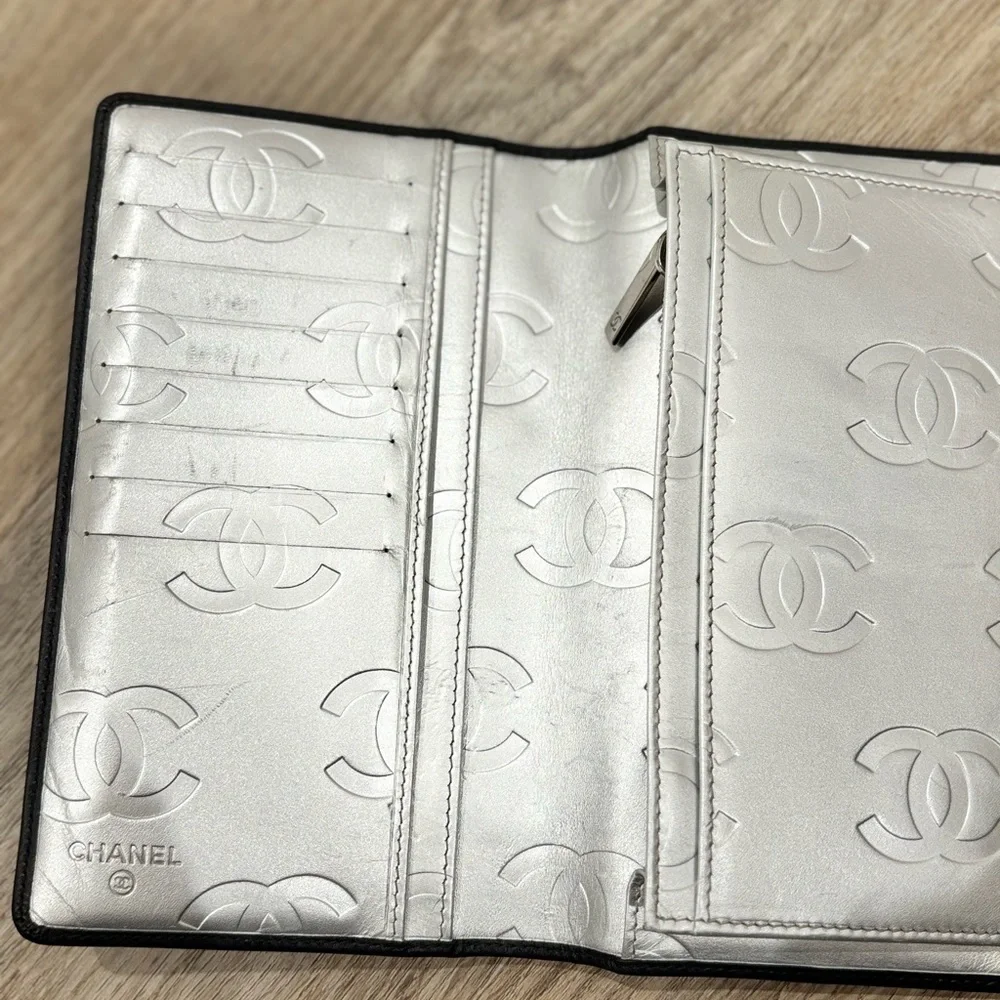 CHANEL Black and Silver Quilted Wallet