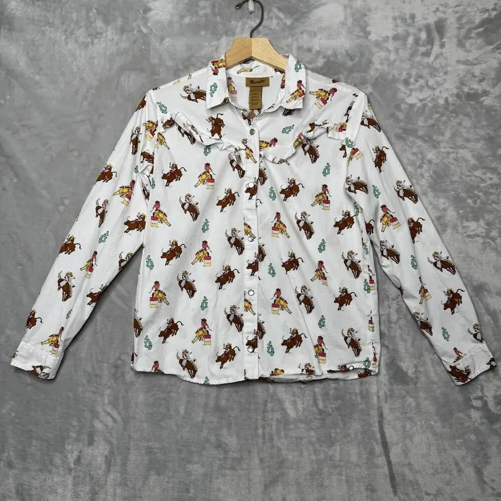 Wrangler Shirt Girls XXL White Pearl Snap Cowgirl Rodeo Barrel Racer Western