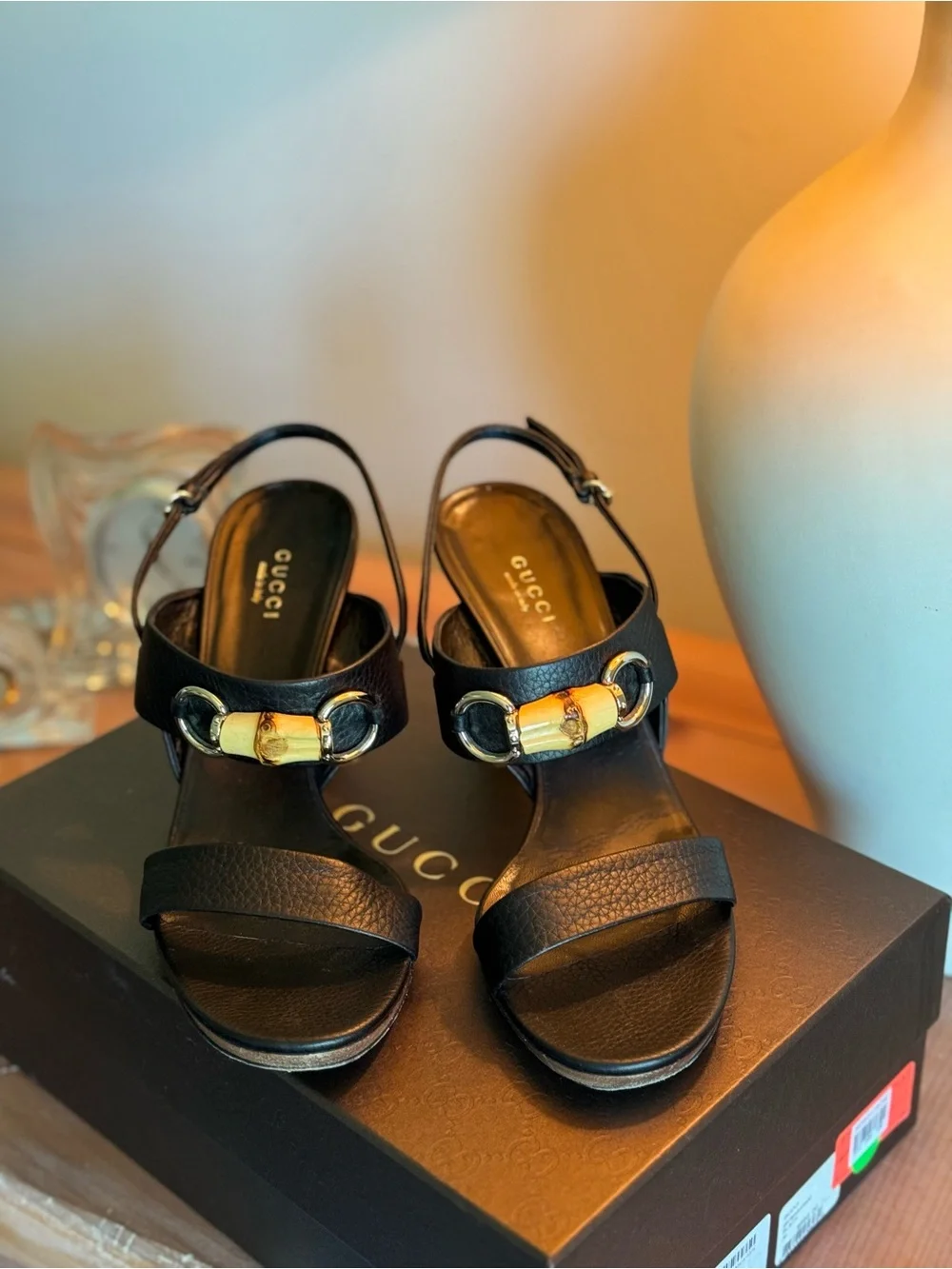 Gucci Black Leather Slingback Sandals with Gold Bamboo Accent