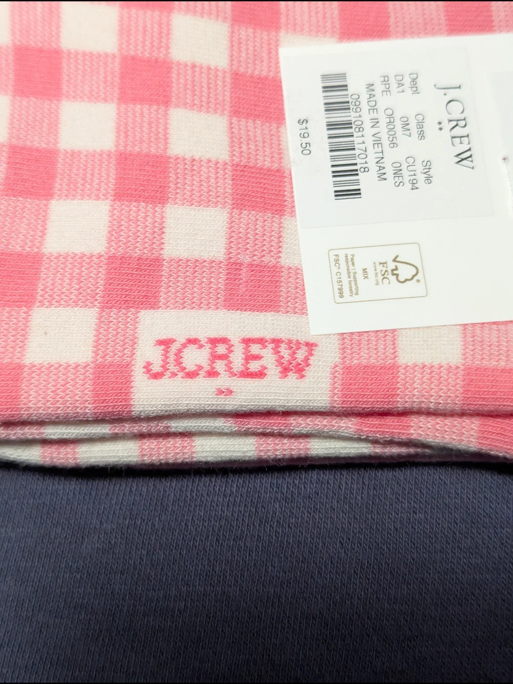 NWT J. Crew Embroidered Palm Tree Gingham Boot Socks One Size (Pink White)