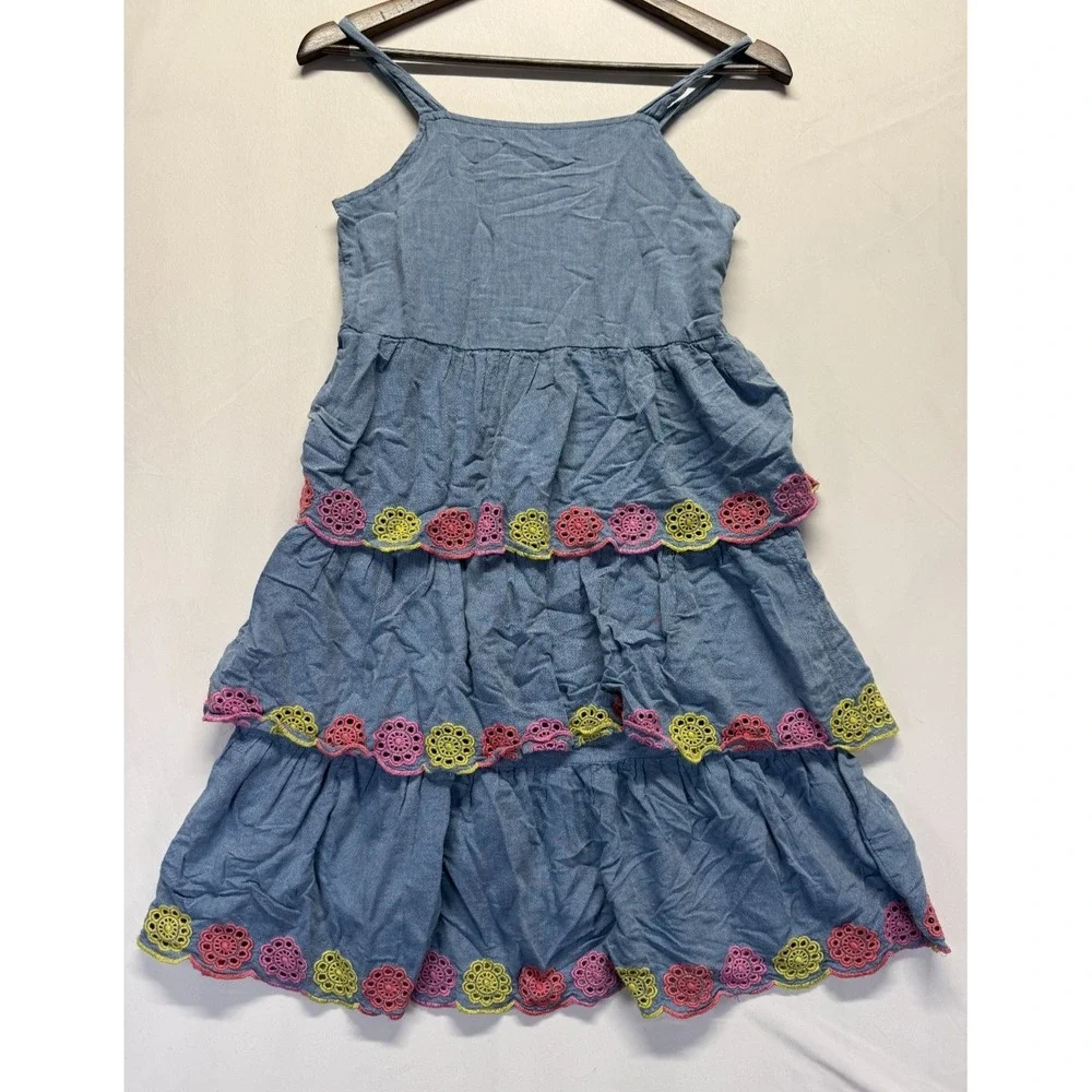 Old Navy Tiered‎ Dress Girls XL (14-16) Blue Eyelet Trim Square Neck Relaxed Fit