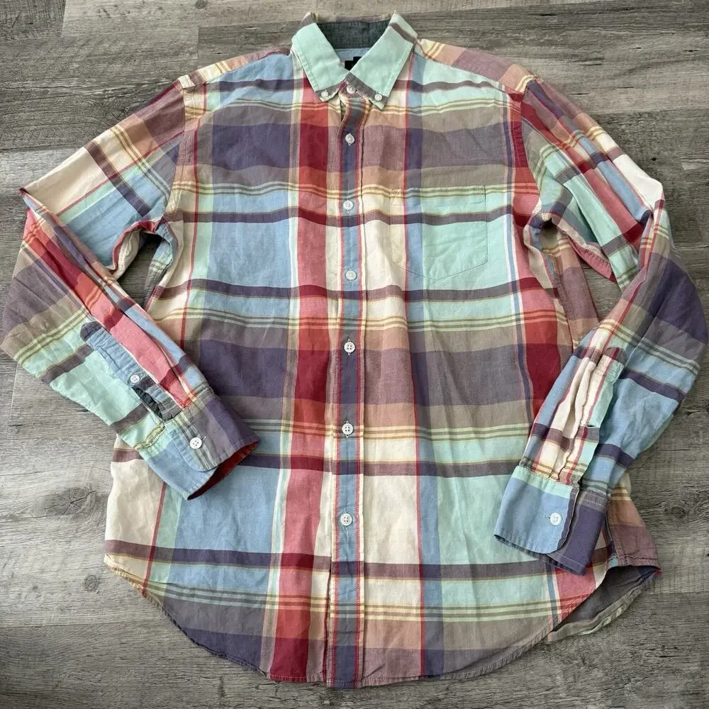 J Crew Madras Shirt Mens Medium Plaid Button-Up Long Sleeve Cotton Lightweight