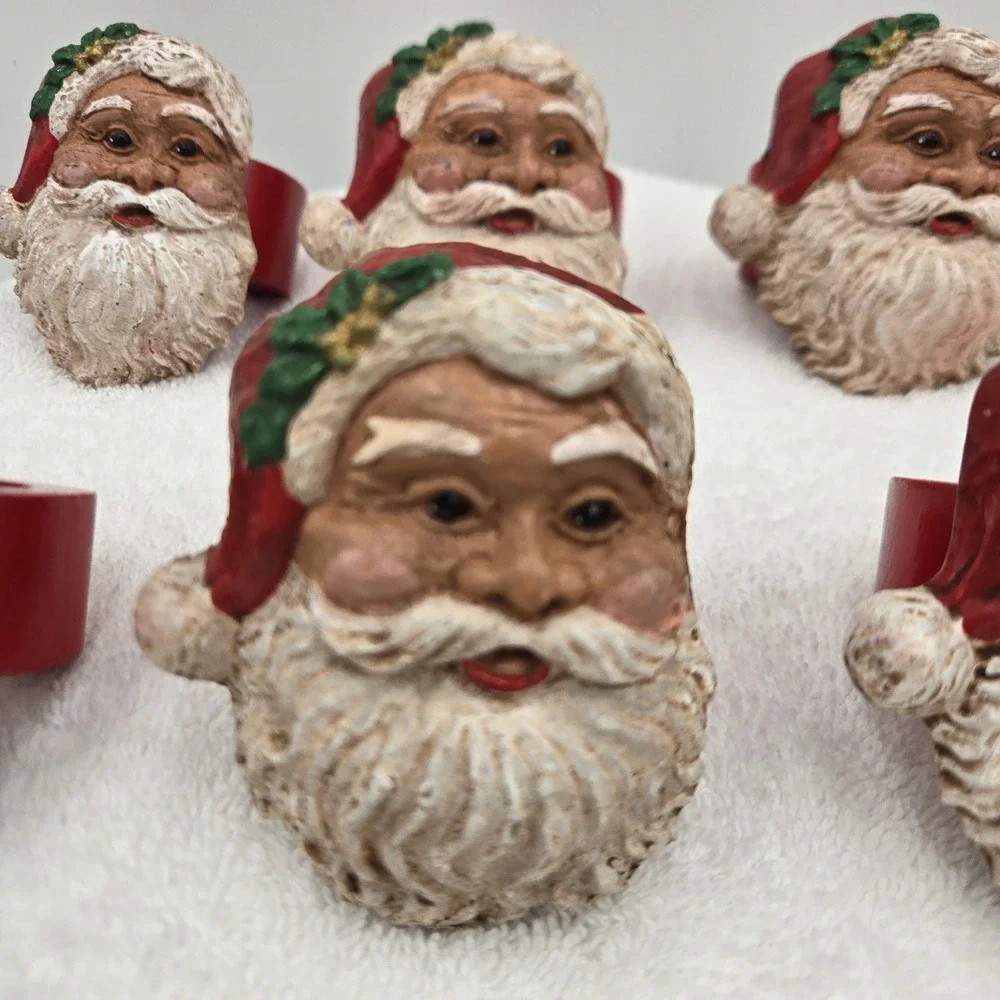 Vintage Set of 6 Kemp & Beatley Hard Resin & Wood Santa Head Napkin Holders