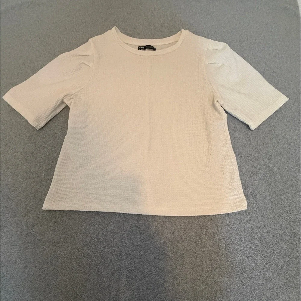 Zara Textured Knit Puff Sleeve Top‎ Cream Off White Short Sleeve Blouse Large