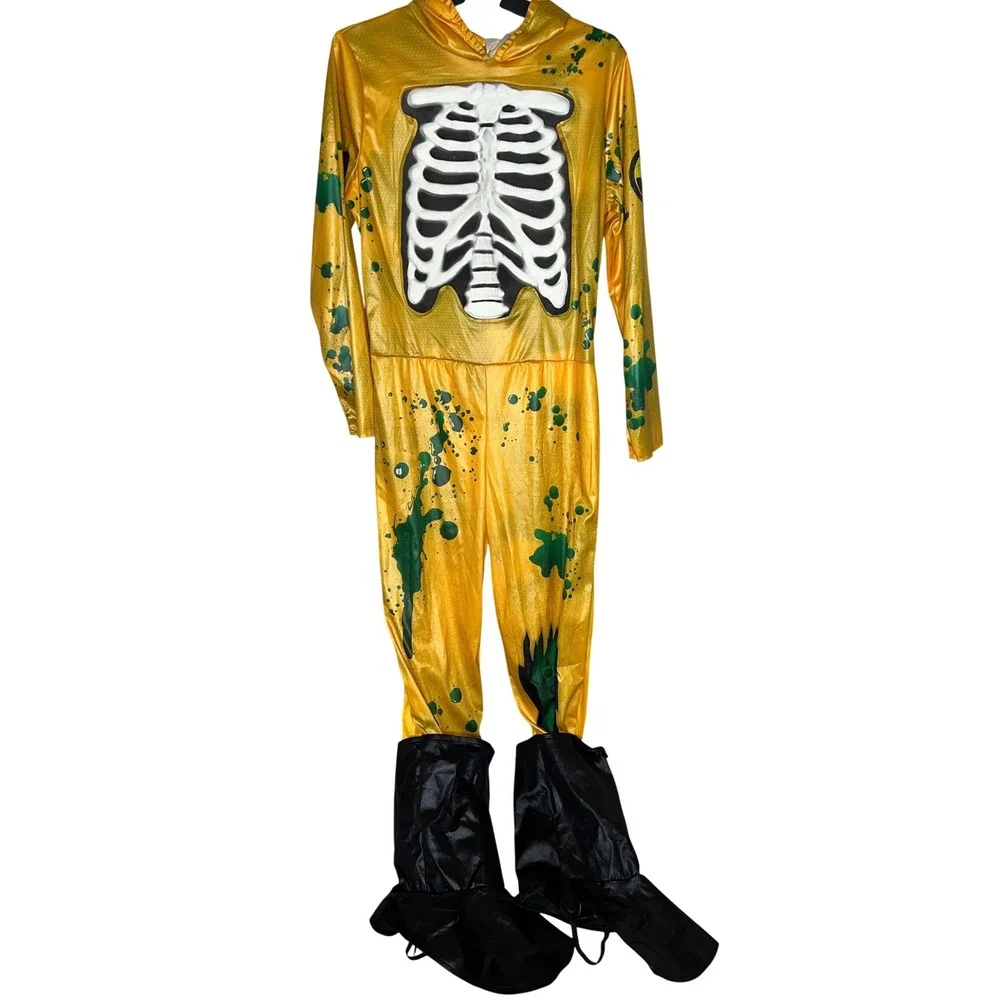 Kids Skeleton Hazmat‎ Suit Halloween Costume Yellow Green Splatter Hood Jumpsuit