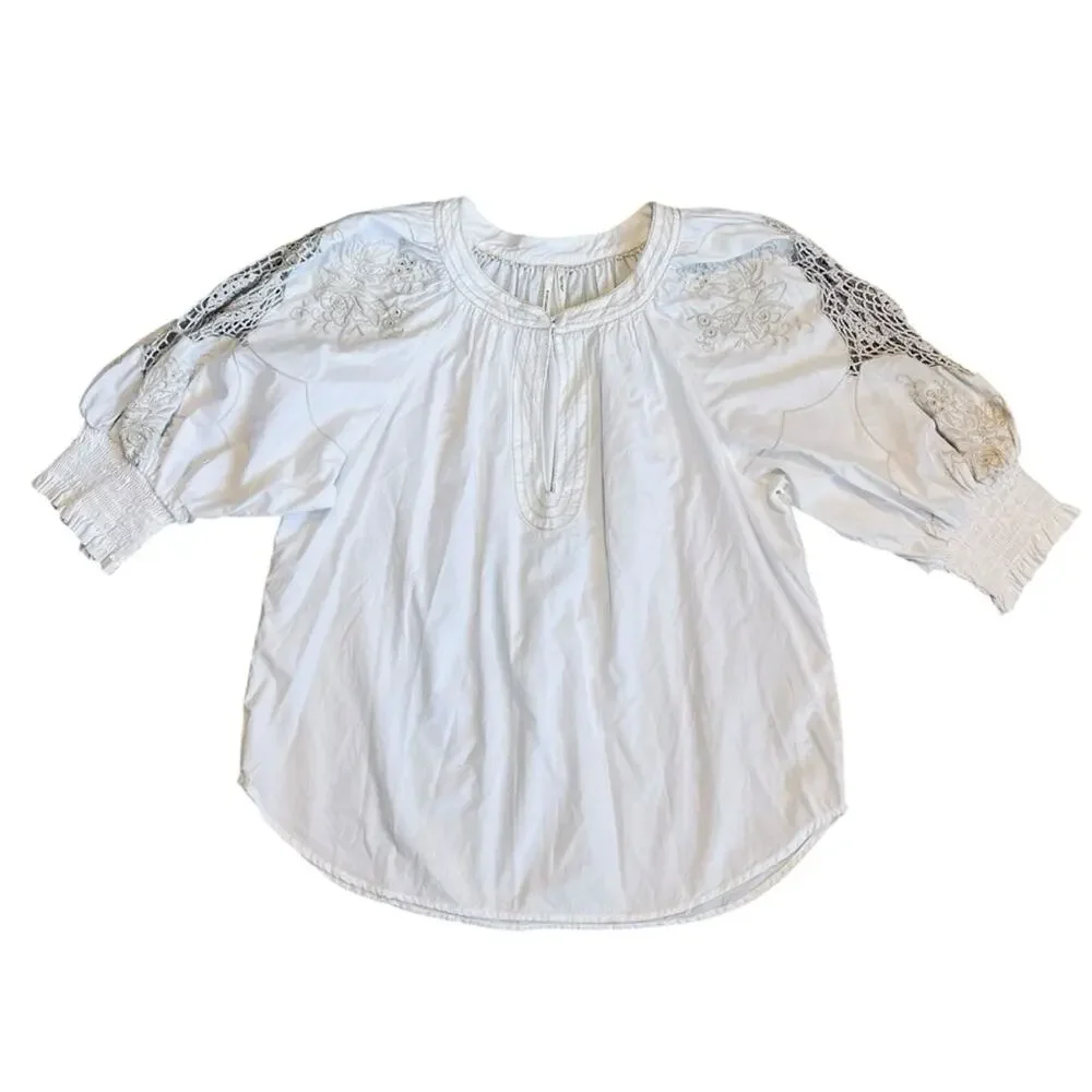 Anthropologie Women’s Sz S Ivory Crochet Blouse Short Puff Sleeve Pullover
