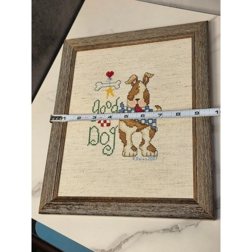 Alma Lynn Good Dog Framed Cross Stitch Art Robert P Daina 2007 Rustic Decor