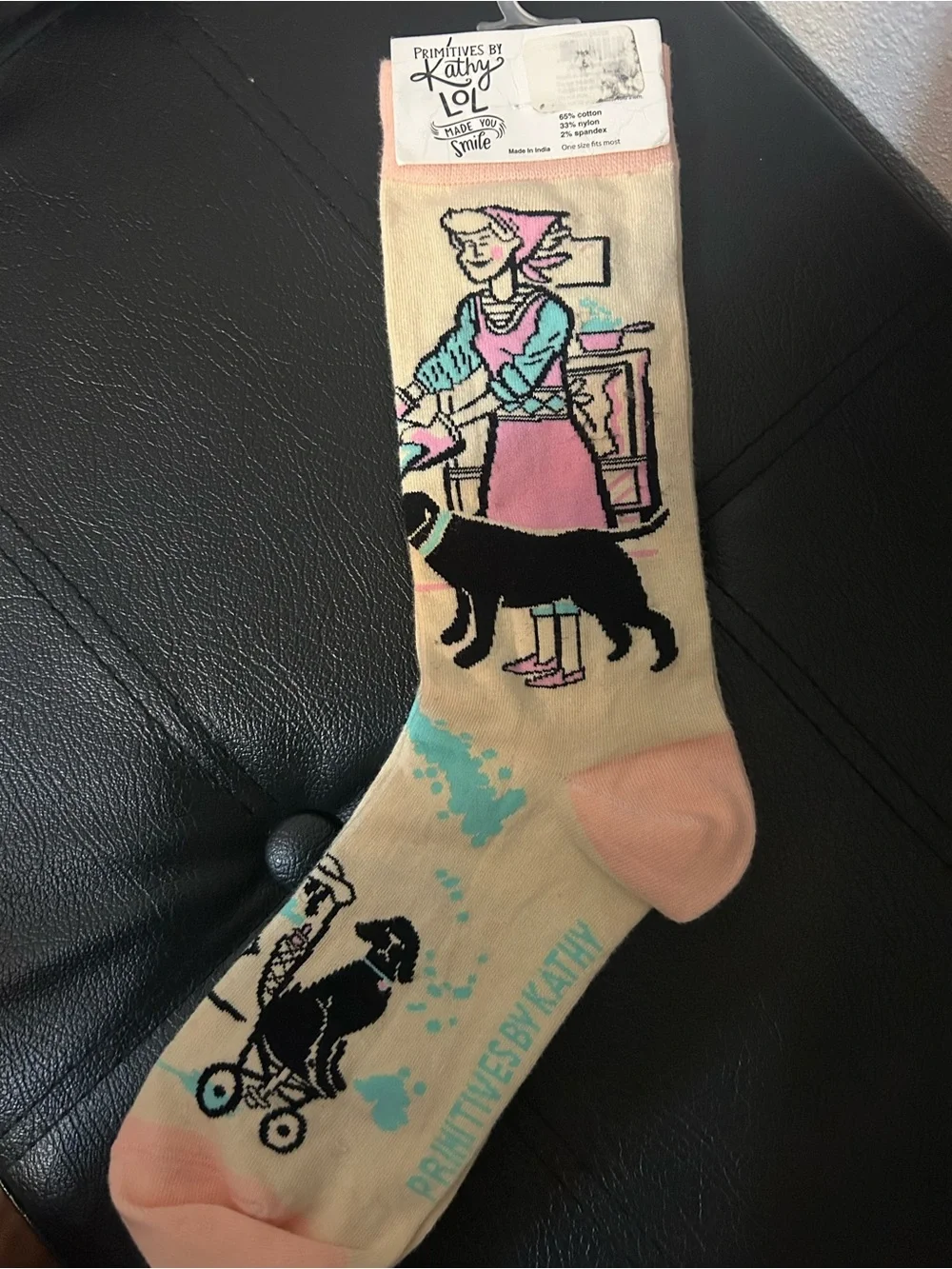 Primitives by Kathy Cream Socks with Pink, Black & Aqua Farm Girl Dog Design