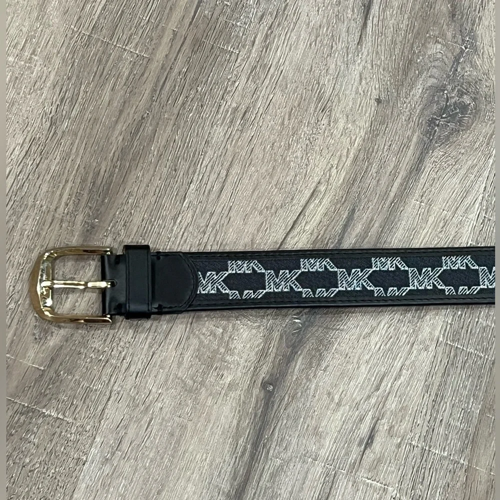 Michael Kors Large (36) Black Canvas Leather MK Brass Logo Buckle Designer Belt