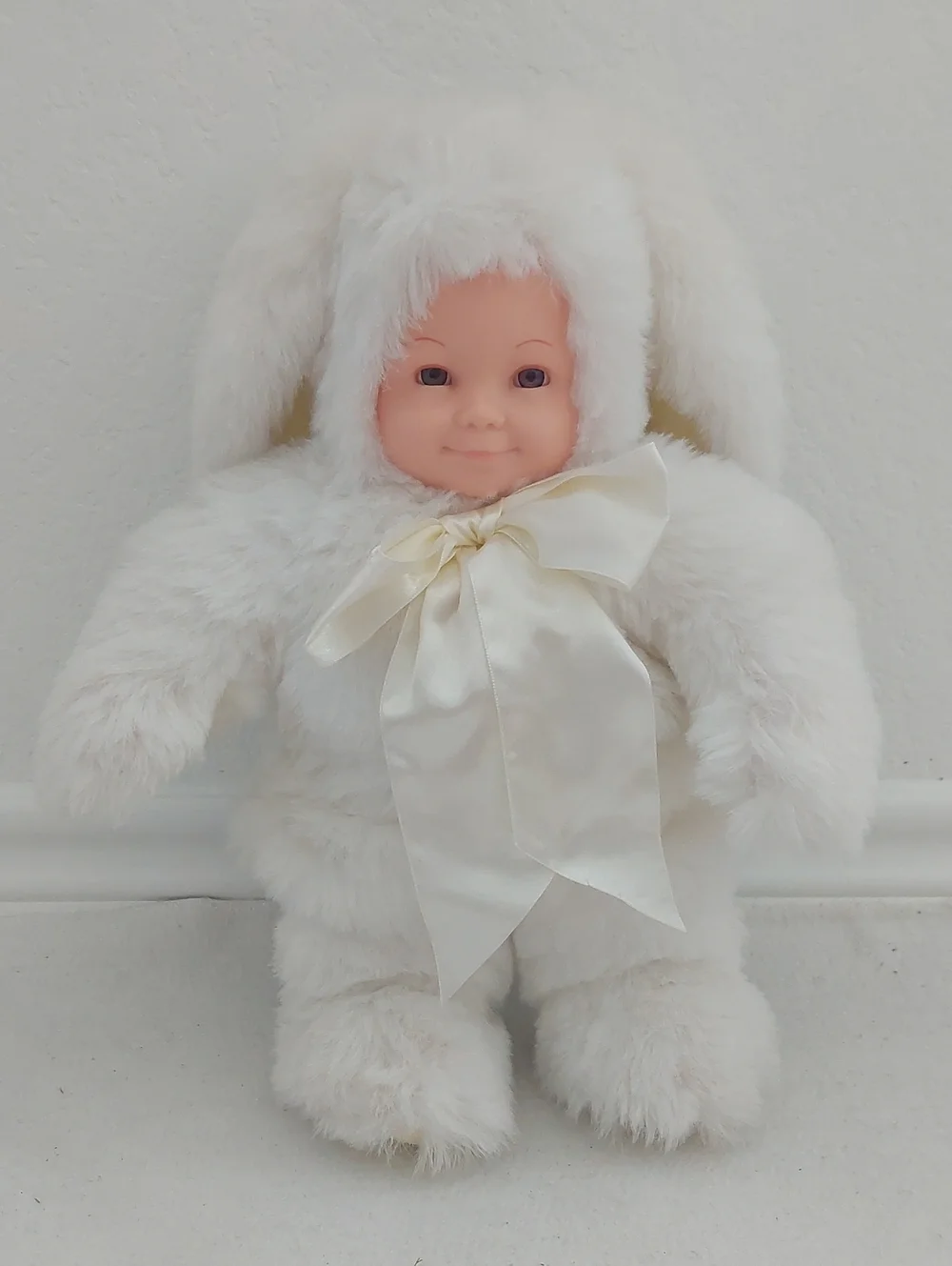 ANNE GEDDES Plush White Bunny Baby Doll with Satin Bow NWOT