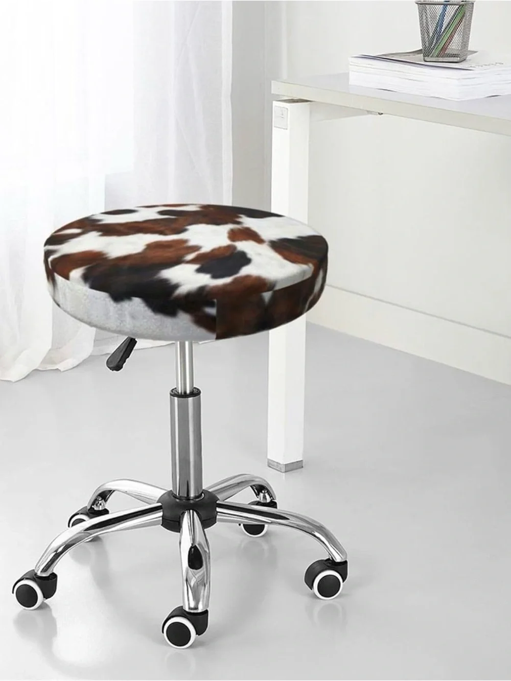 Premium Cowhide Round Pouf Ottoman - Brown & White Stool Cover Chair Cover