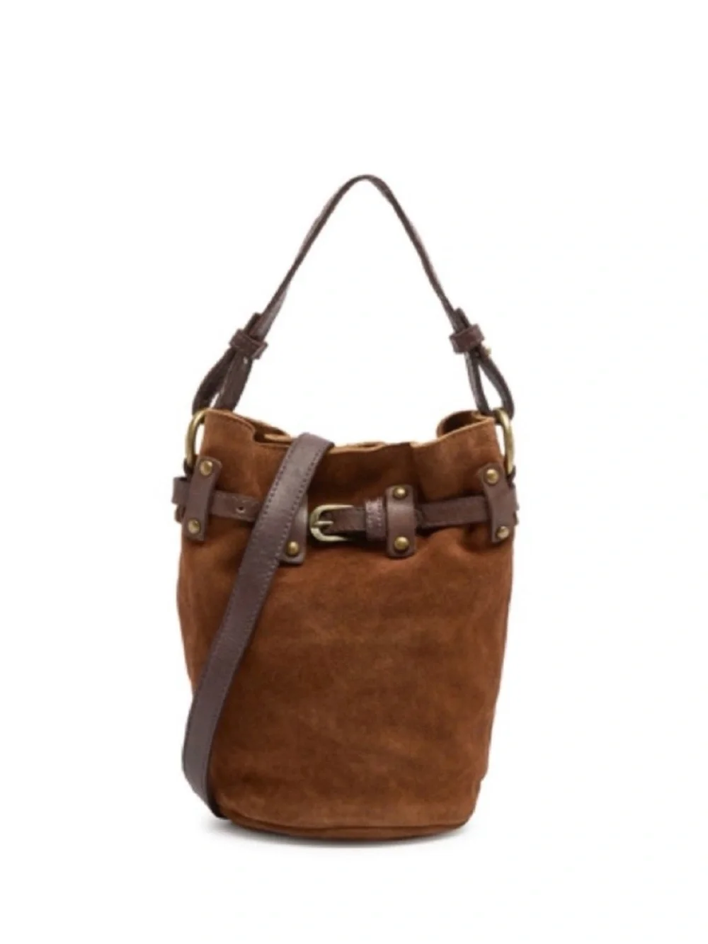 Free People Brown Suede Bucket Hobo with Leather Tri