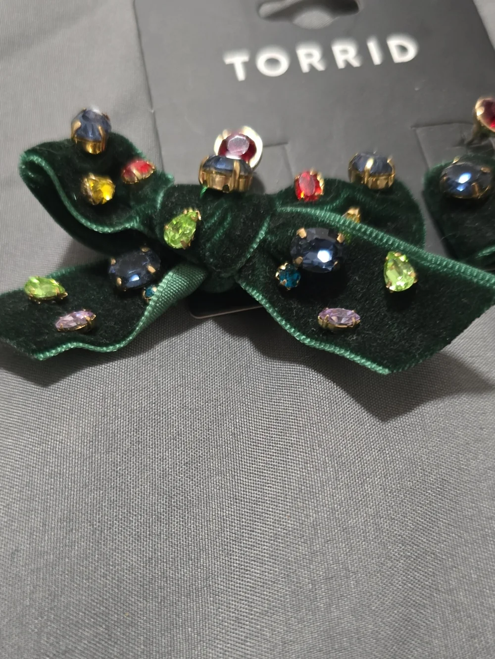torrid Dark Green Velvet Bow Earrings with Multicolored Gemstones