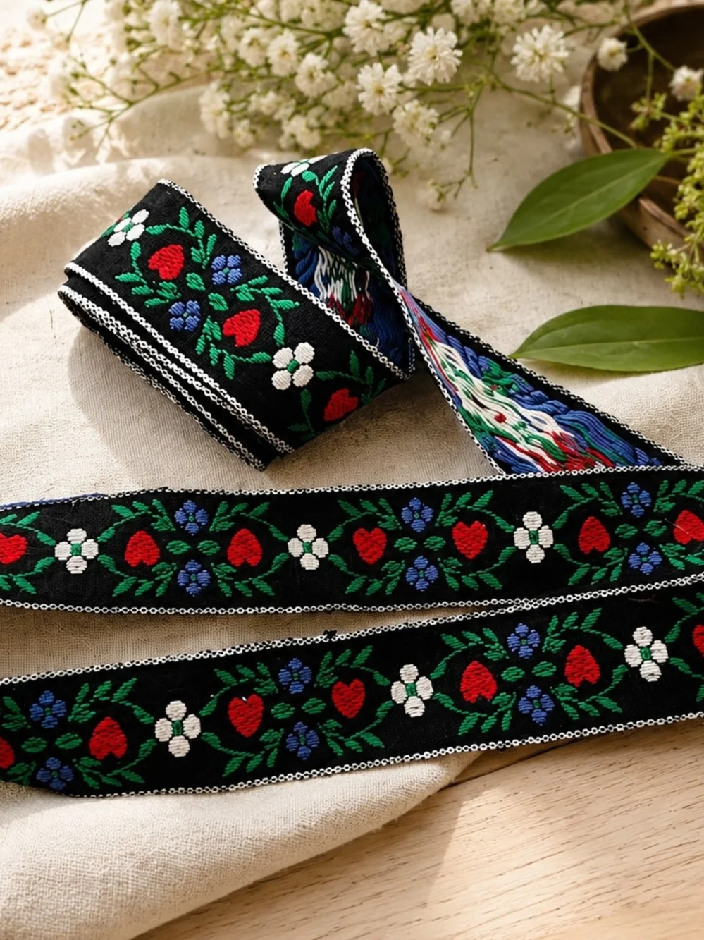 Vtg European Folk Woven Floral Trim Ribbon Black Red Heart Jacquard 1.7yd x 1.5