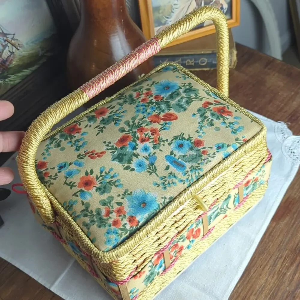 Vintage Wicker Sewing Basket Storage Box Floral | Granny Chic Cottagecore
