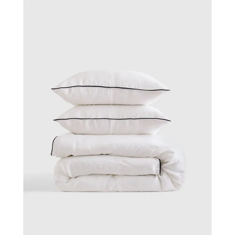 Quince European Linen Piped Duvet Cover Set King Cal King White Black New $204