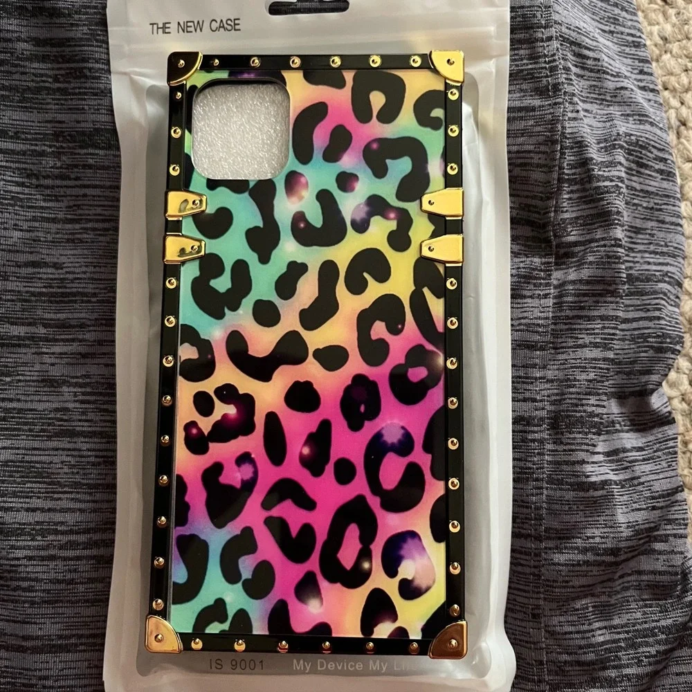 Luxury Gold Square Trunk Case Rainbow Leopard Print for iPhone 11 Pro