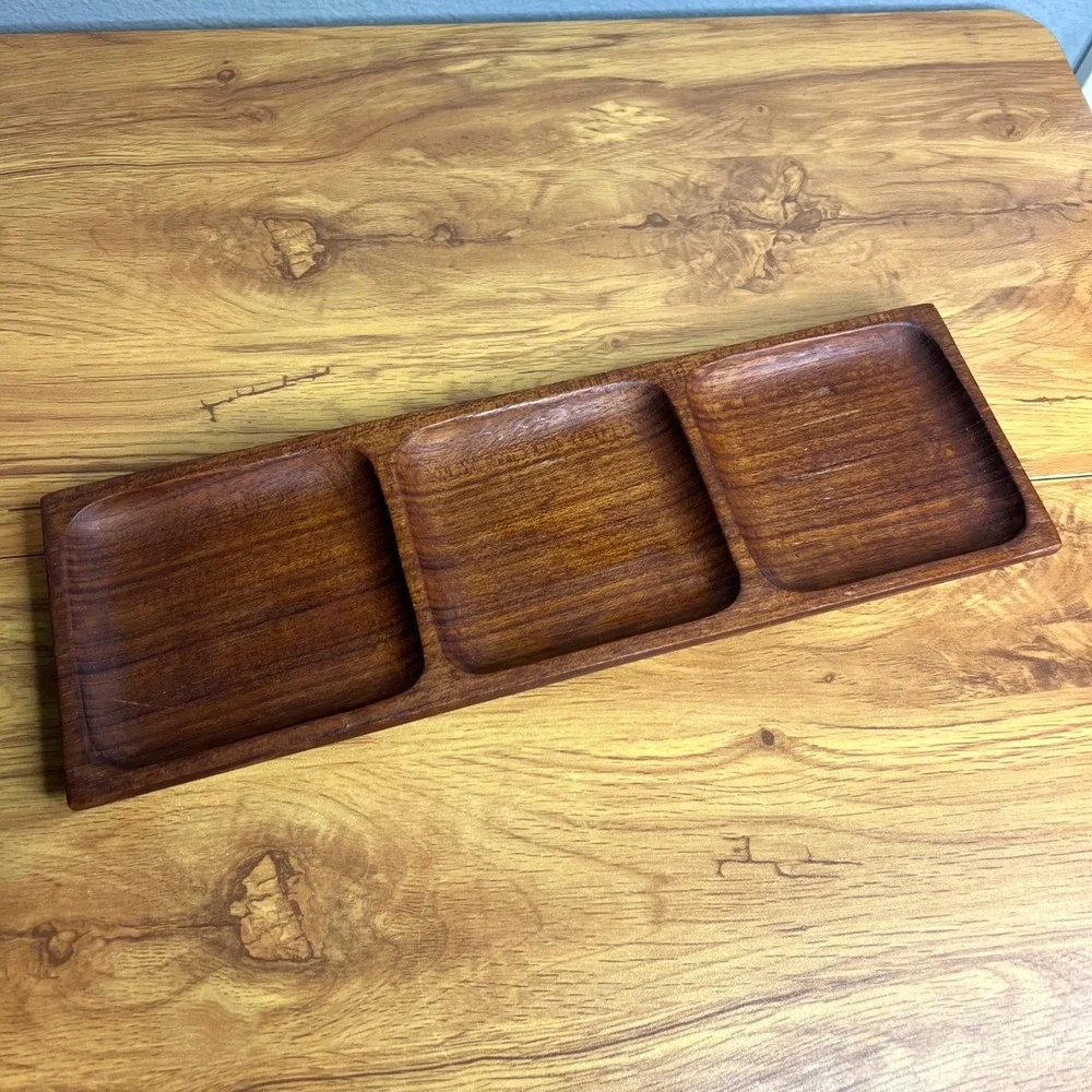 VintagTeak Wood Trinket Tray Serving Dish 3 Section MCM Appetizer Dish Boho
