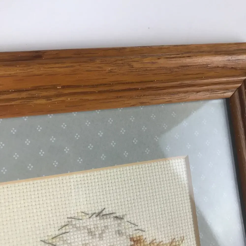 Vintage Shaggy Puppy Dog Flowers Framed Cross Stitch Embroidered Folksy Wall Art