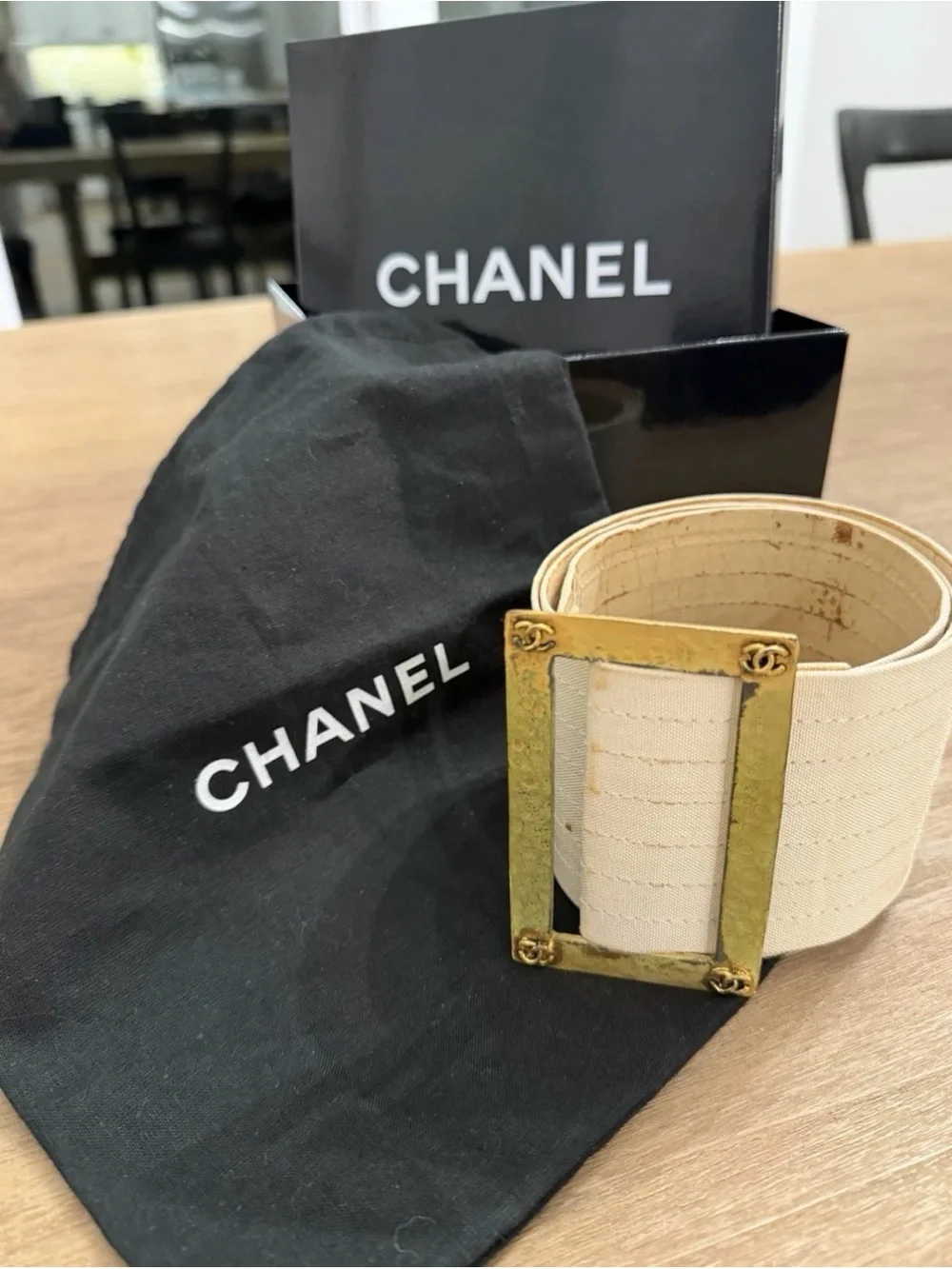 Vintage Chanel Gold Tone Wide Canvas Belt