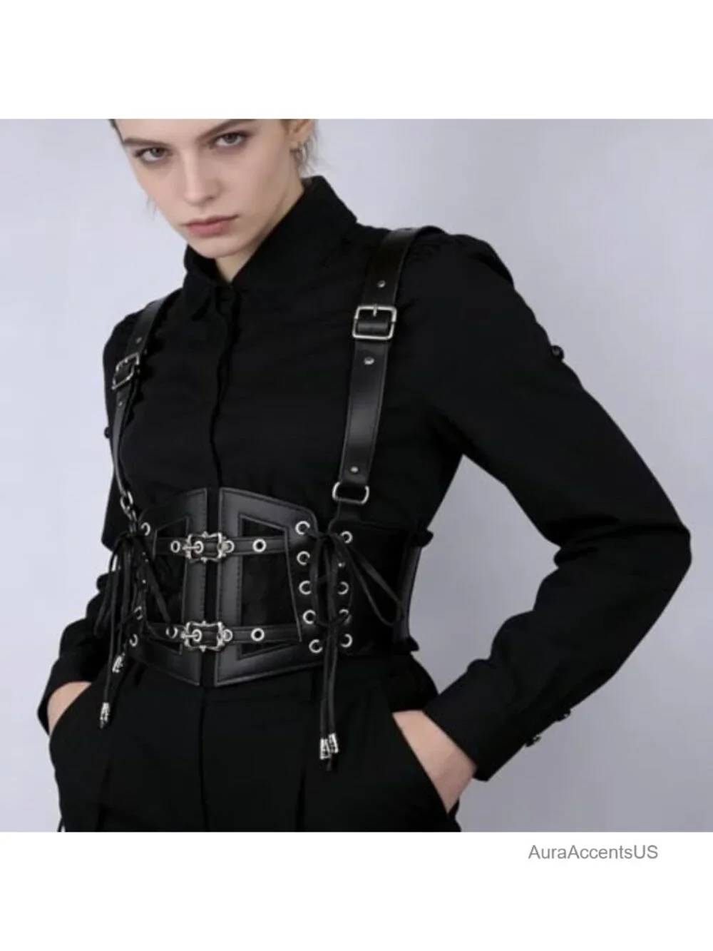 Vintage Faux Leather Corset Belt Sides Lace-up Underbust Wide Elastic Waist