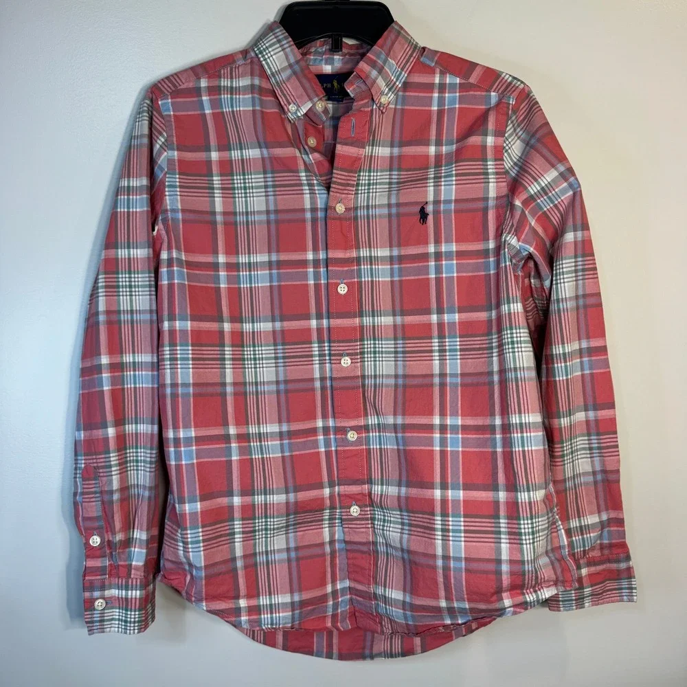 Ralph Lauren Button Down Shirt Boys LG 14/16 Long‎ Sleeve Pink Preppy Classic