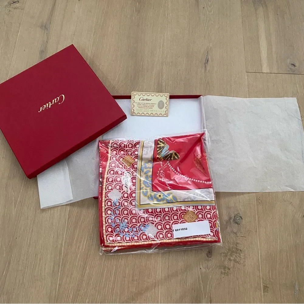 NEW Cartier Paris Red White Silk Crepe Butterflies Moth Square Scarf Shawl
