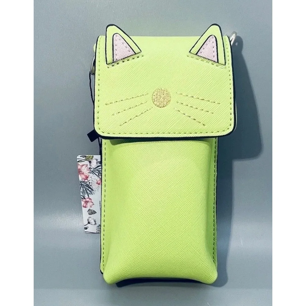 Brentano Neon Green Cat Face Cell Phone Crossbody Bag Vegan Leather‎ NIB