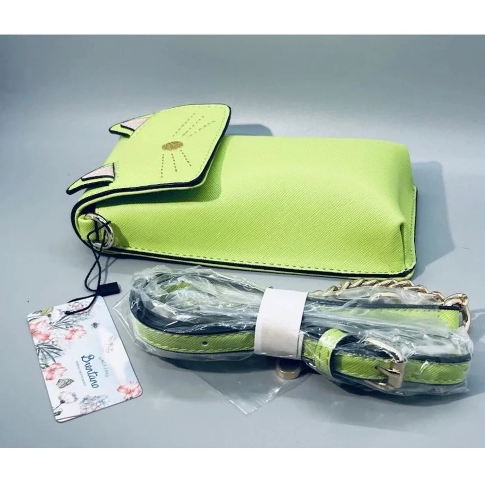 Brentano Neon Green Cat Face Cell Phone Crossbody Bag Vegan Leather‎ NIB