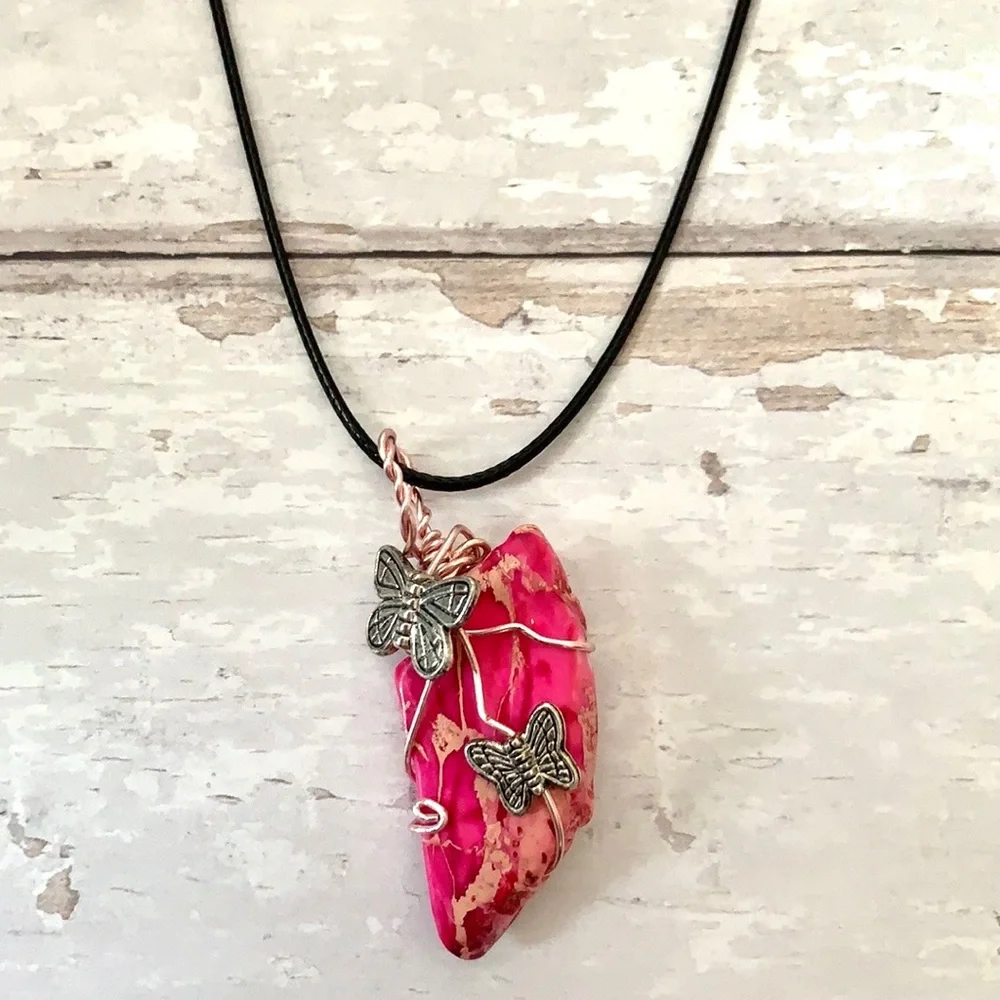 Pink Stone Silver Butterfly Necklace Women’s Jewelry NEW