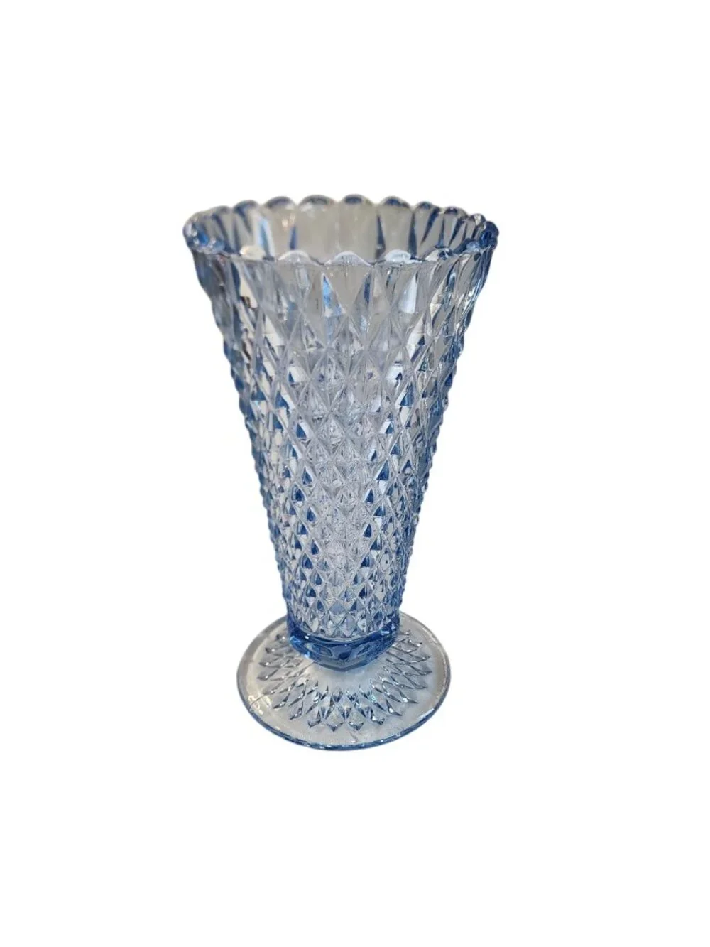 Indiana Glass Diamond Point Blue Pedestal Vase 8 High 1960's